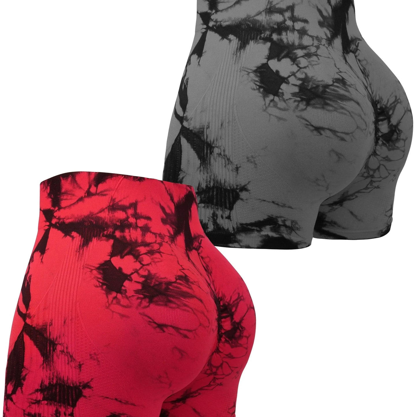 2pcs Women's High-Waist Tie-Dye Yoga Shorts - Seamless, Booty Lifting, Stretchy Nylon & Spandex Blend, Red & Grey