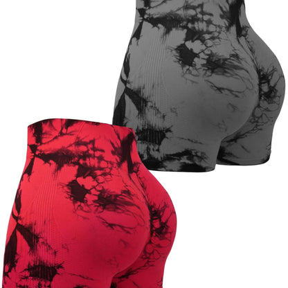 2pcs Women's High-Waist Tie-Dye Yoga Shorts - Seamless, Booty Lifting, Stretchy Nylon & Spandex Blend, Red & Grey