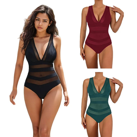 Sexy V-Neck One-Piece Swimsuit Quick-Dry with Chest Pad No Steel Support Triangle Monokini Swimwear for Women Adult Pure Color