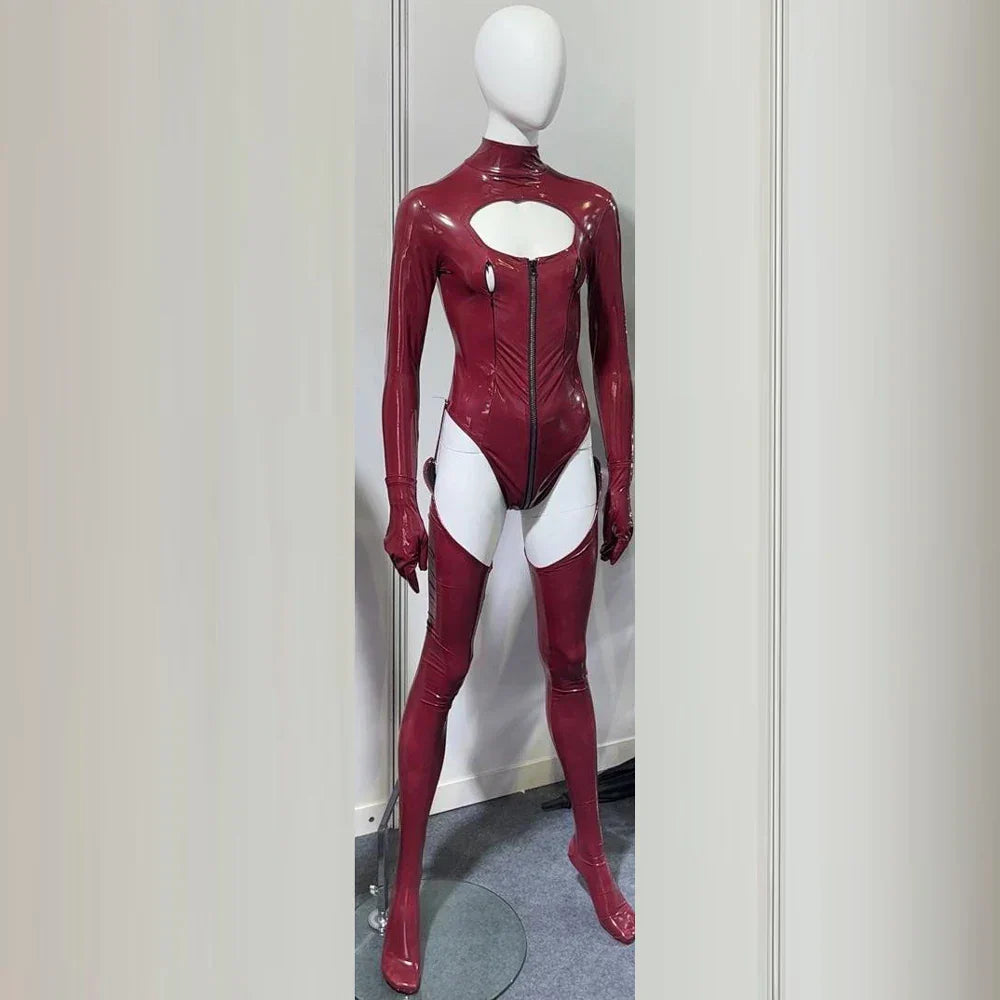 3PCS/SET Wet Look PVC Cosplay Outfit Catusit Shiny PU Leather Zipper Bust Open Crotch Bodysuit Tight Sexy Body Teddies Stockings