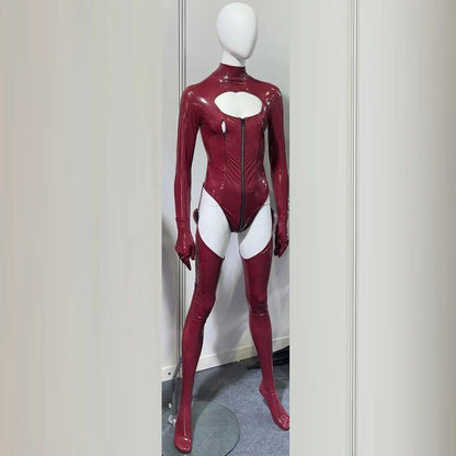 3PCS/SET Wet Look PVC Cosplay Outfit Catusit Shiny PU Leather Zipper Bust Open Crotch Bodysuit Tight Sexy Body Teddies Stockings