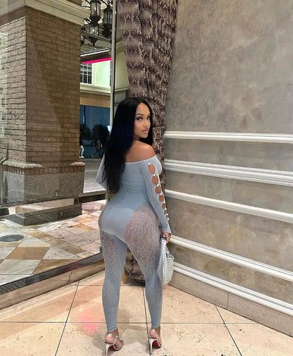 Viral Cheetah Bodysuit Pearl Embellished Mesh Lingerie Seductive Jacquard Catsuit for Women Flirtatious See Through Outfit