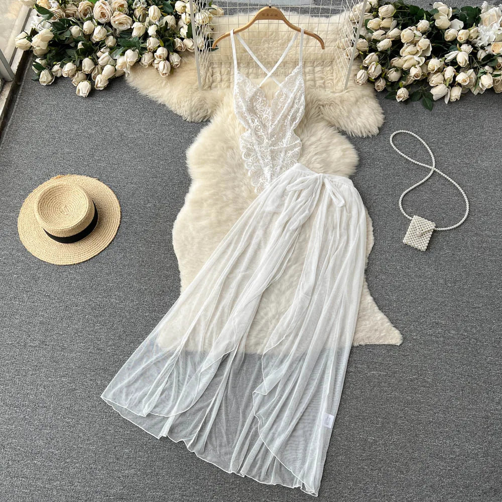 SINGREINY Lace Sensual Erotic Two Pieces Suits Camis Short Bodysuits Tops+Midi Long Mesh Chiffon Skirts Women Underwear Sets
