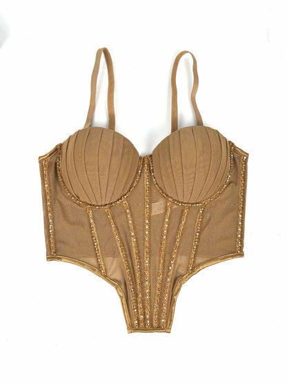 Sexy Mesh Design Camisole Vest Style Ladies Corset Tops with Chest Cushion Sparkling Diamond Decoration Fishbone Lingerie Tops