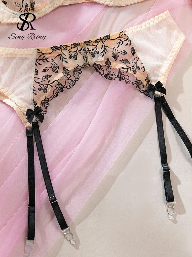 SINGREINY Floral Embroidery Underwear 3pcs Suits 2025 Female Strap Sheer Bra+Sheer Thongs Spliced Mesh Sexy Club Lingerie Sets