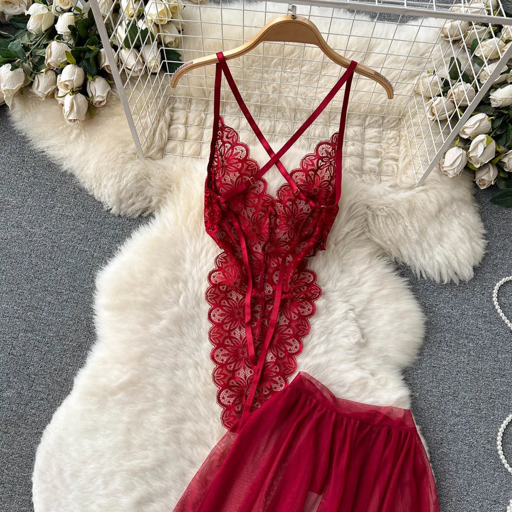 SINGREINY Lace Sensual Erotic Two Pieces Suits Camis Short Bodysuits Tops+Midi Long Mesh Chiffon Skirts Women Underwear Sets