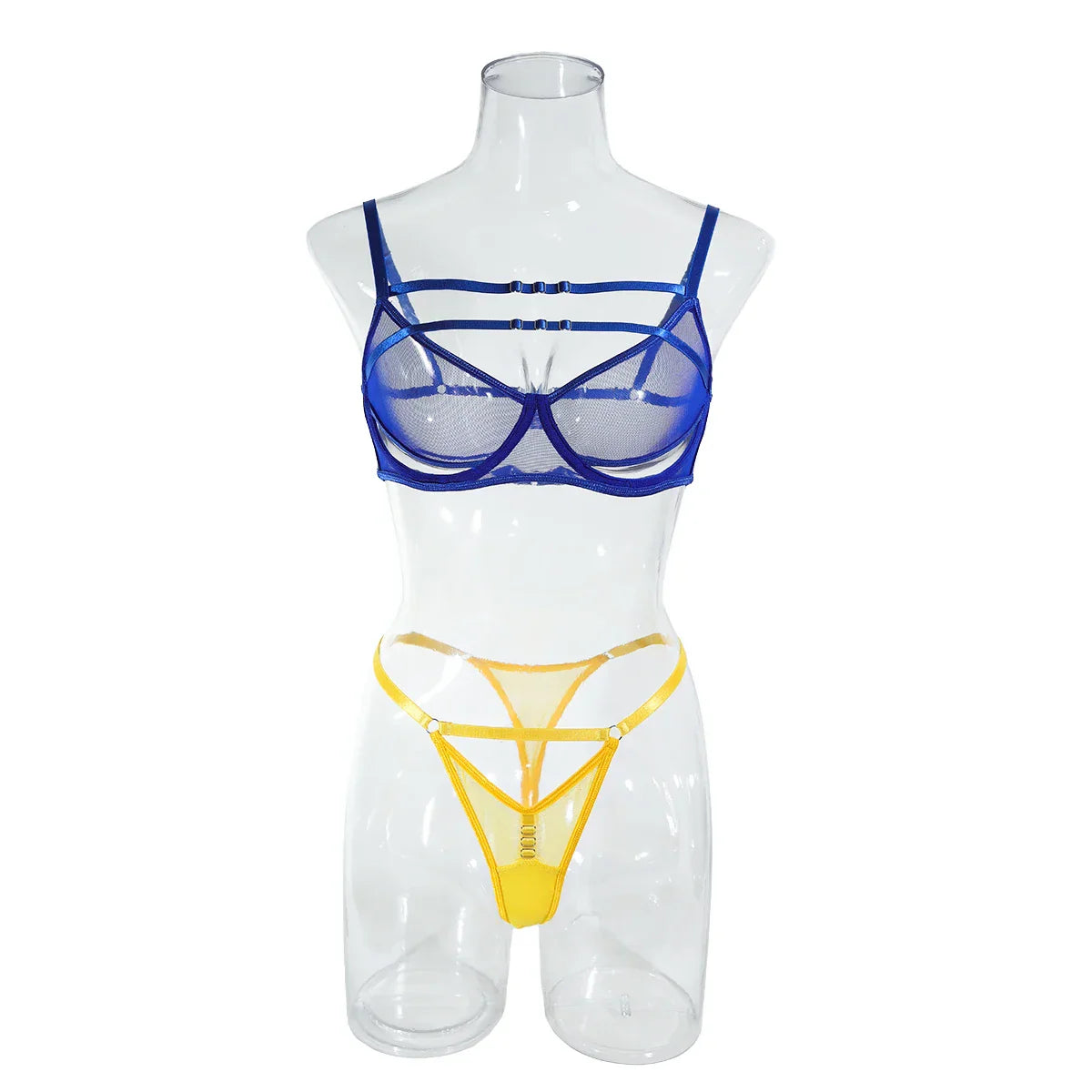 Yimunancy 2-Piece Contrast Color Mesh Cut Out Transparent Lingerie Set Women Sexy Exotic Sets Brief Kit
