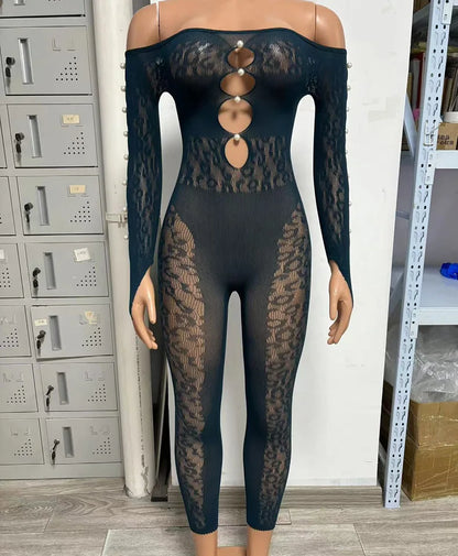 Viral Cheetah Bodysuit Pearl Embellished Mesh Lingerie Seductive Jacquard Catsuit for Women Flirtatious See Through Outfit