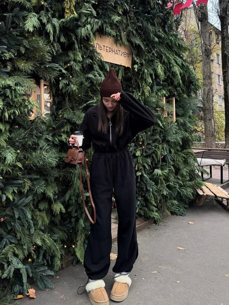 Zekye Woman Clothing New Fashion Long-sleeved Jumpsuit Women's Casual Semi-open Elastic Waist Jumpsuit Elegant Woman Jumpsuit