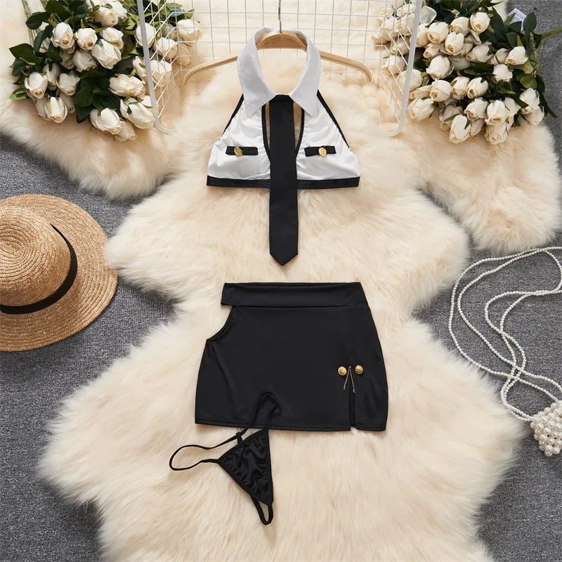 Sexy Lace Gauze Patchwork Strap Bodysuit Hollow Sleeveless Slim backless Women Erotic Lingerie Hotsweet Bow Night Maid Cosplay
