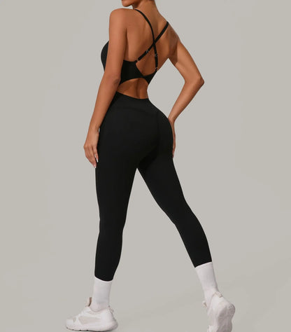Sexy Hollow Cross Backless Sporty Tight Jumpsuit Woman Sportswear Summer One Pieces Outfit Gym Fitness Overalls Yoga Jump Suit