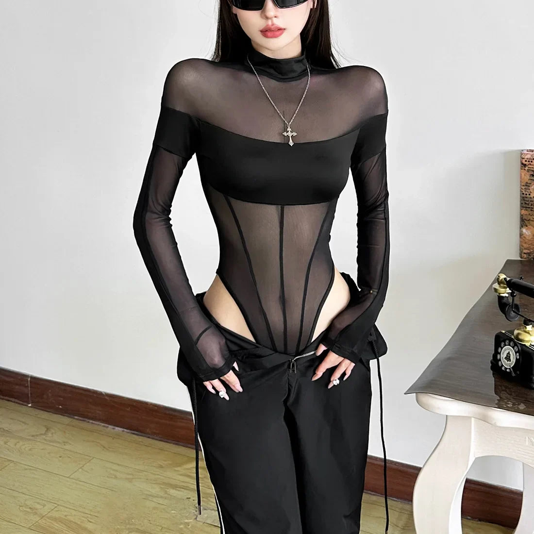 See Through Mesh Splicing Sexy Bodysuit Lingerie One-pieces Y2k Clothes Long Sleeve Body Feminino Hot Tops For Women Rave Outfit