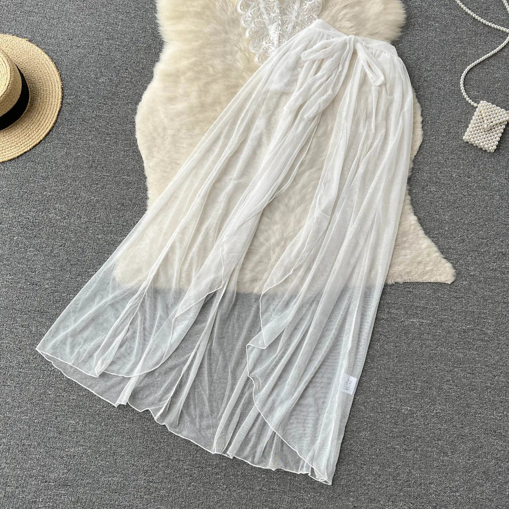 SINGREINY Lace Sensual Erotic Two Pieces Suits Camis Short Bodysuits Tops+Midi Long Mesh Chiffon Skirts Women Underwear Sets