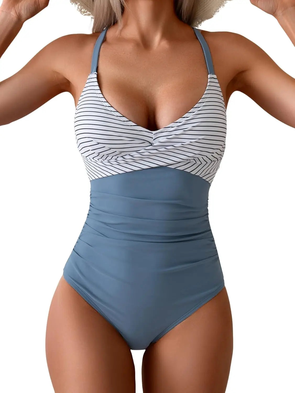 B2prity Women's One Piece Swimsuits Tummy Control Front Cross Bathing Suits Tie Back Slimming V Neck Swimwear