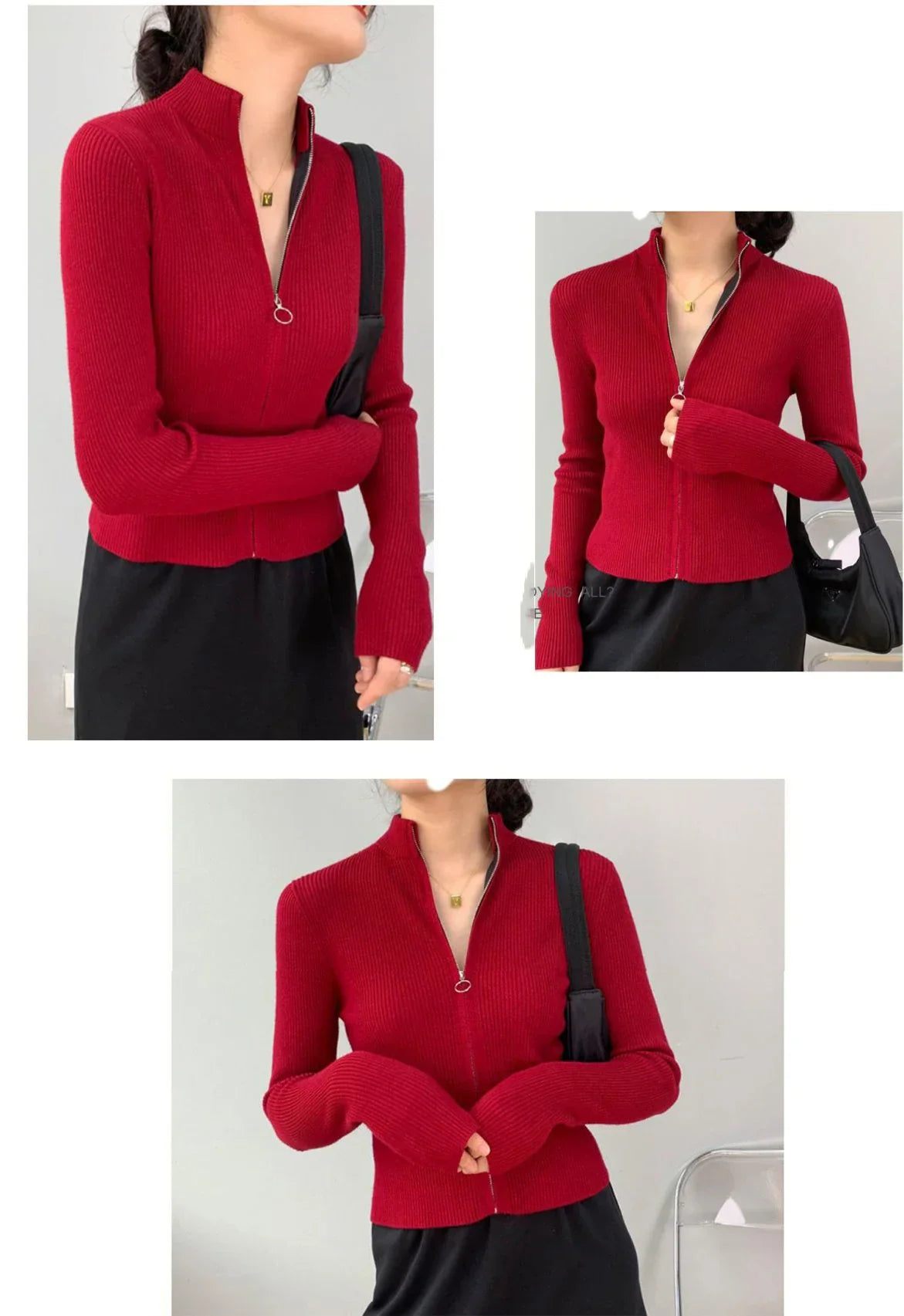 Spring Autumn Zipper Cardigan Women Sweaters Knitted Long Sleeve Stand-up Collar Tops Korean Fashion Short Sweater for Female