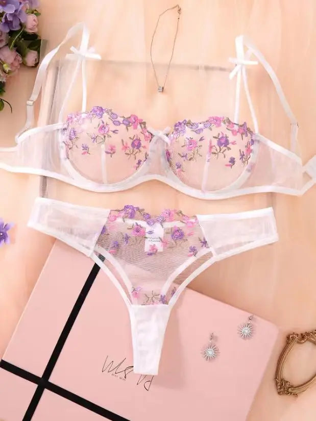 Night Beautiful Sexy Women 2 Piece floral Embroidery Underwear Sexy Erotic lingerie underwear Set