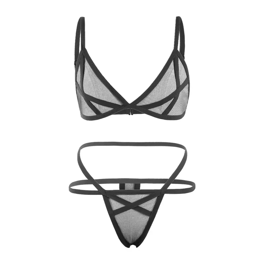 Women Sexy Lingerie Corset Solid Erotic Mesh Transparent Bra Panty Lingerie Underwear Set Lenceria Erotica Mujer Sexi Babydoll
