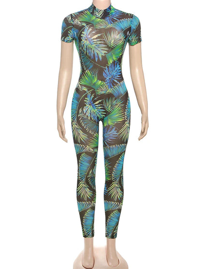 kliou Aesthetic Printed Women Jumpsuits Fashion Sexy Panelled Short Sleeve Backless Stand Collar Slim Overalls Mujer Clubwear