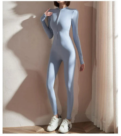 Womens Jumpsuits Long Sleeve Yoga Slim Fit Stretch One Piece Romper Sexy Fitness Female Black Basic Sportwears Tight Zipper