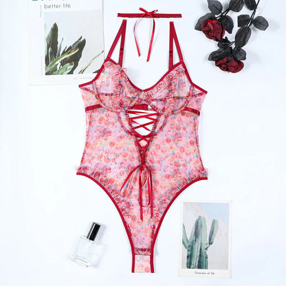 SINGREINY Hotsweet Print Gauze Bodysuit Ruffles Hollow Out Bandage Slim Open Crotch Thin Rompers Female Sexy NightwearPlaysuits