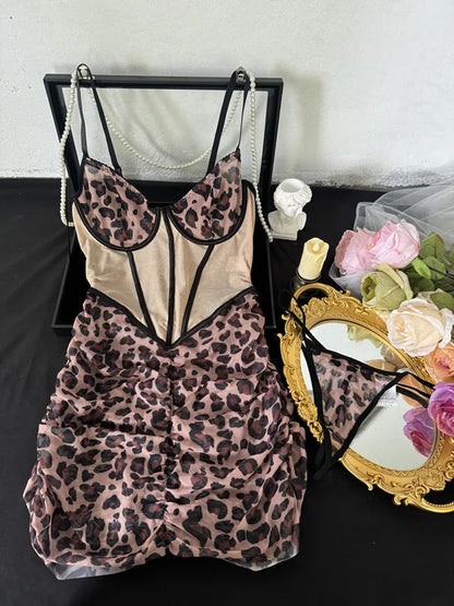 SINGREINY Sexy Leopard Bodycon Dress Straps Backless Corset Mini Sundress Women Slim Thin Sensual Clubwear Sheath Short Dress