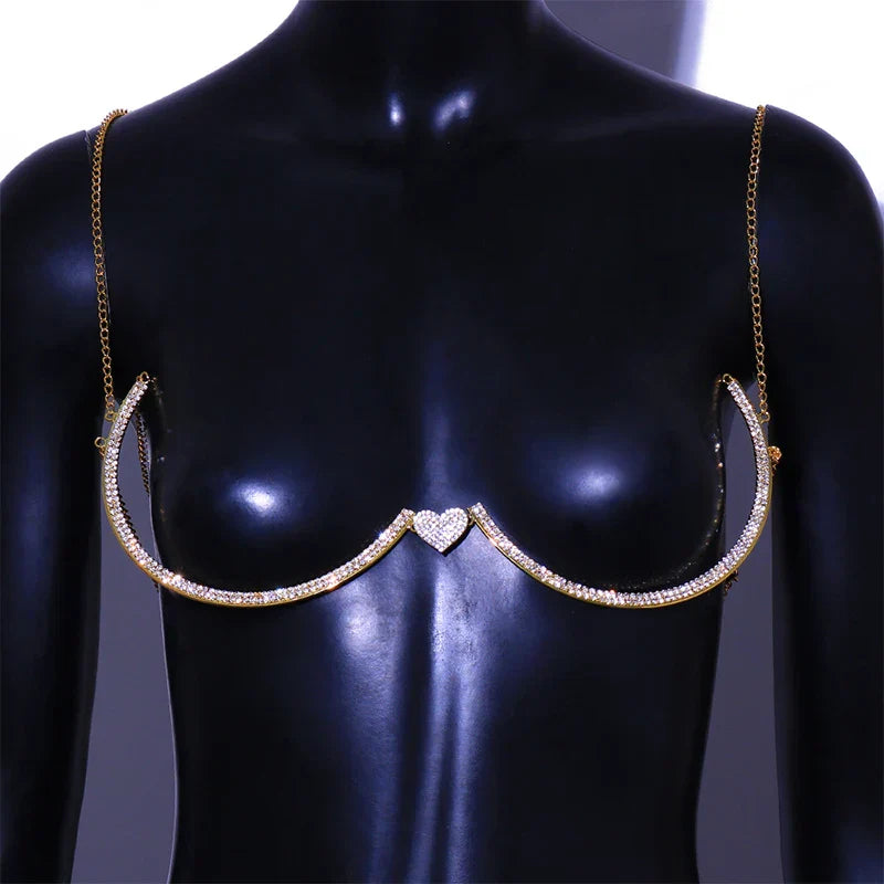 Stonefans Heart Rhinestone Chest Bracket Body Jewelry Bra Chain For Women Chain Top Bikini Halter Bra New Banquet Breast Support