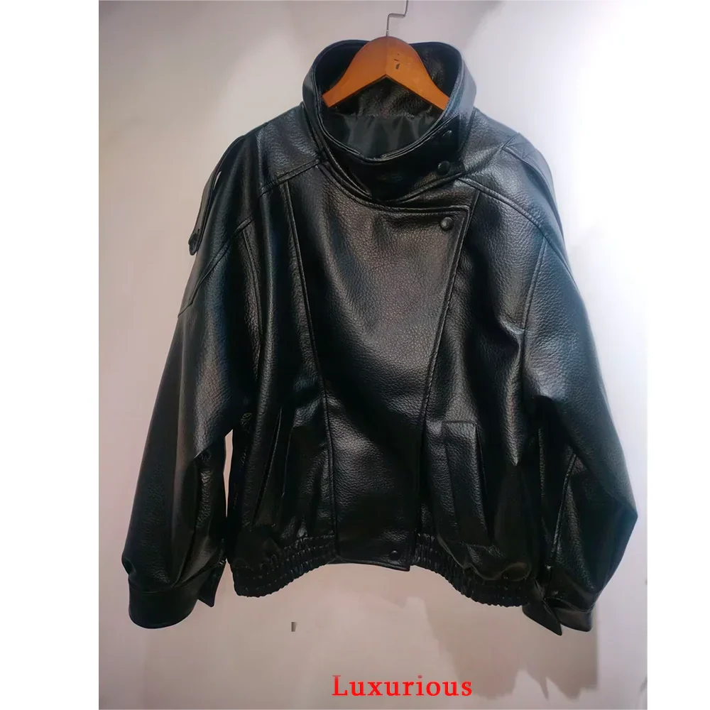 KONDALA Casual Chic Black Leather Jackets Women Long Sleeve Buttons Elastic Oversized Coats Fashion 2025 Fall Streetwear Coats