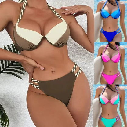 2026 New Bikini Swimsuit Women's Split Solid Color Sexy Belt Steel Tray Bikini Swimsuit