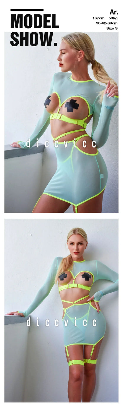 Diccvicc Long Sleeve Lingerie Sexy Sheer Mesh Porn Top Crotchless Skirt Naked Bandage Women Underwear Uncensored Erotic Costume