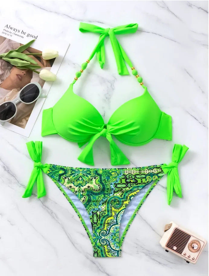 2024 New Print 2-piece Swimsuit for Women,hard Cup Suspender Push Up Bikini Set,summer Beach Vacation Backless Bathing Suit