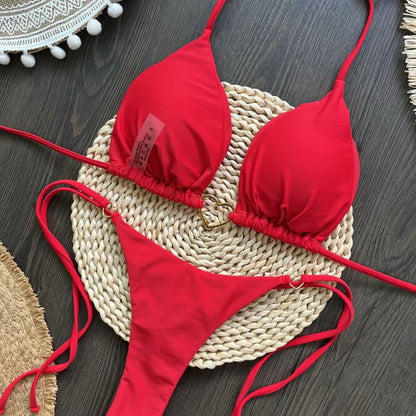 Para Praia 6 Colors Solid Brazilian Bikini Micro Swimwear T-back Swimsuit Women Sexy Biquini 2025 Thong Bikini Set Bathing Suit