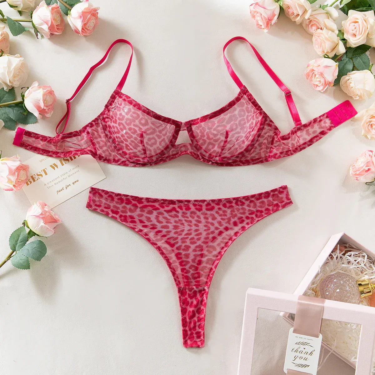 Krasapt Sexy Leopard Printing Lingerie 2Pcs Sets Ultrathin Mesh Transparent Bras And Panties Comfortable Intimate Undwear Set