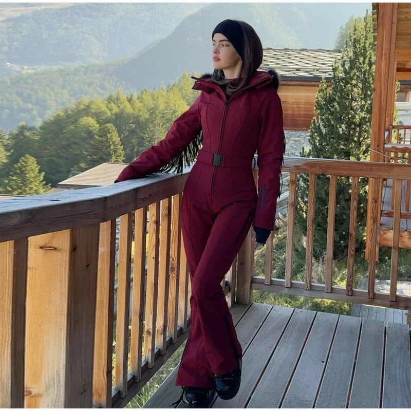 Casual Solid Tassels Women's Ski Suit Zippers Fur Hooded Slim High Waist Lady Jumpsuits 2025 Winter Fashion Female Warm Skiwear