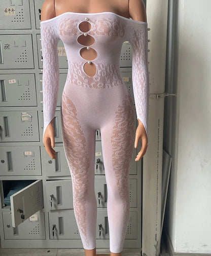 Viral Cheetah Bodysuit Pearl Embellished Mesh Lingerie Seductive Jacquard Catsuit for Women Flirtatious See Through Outfit