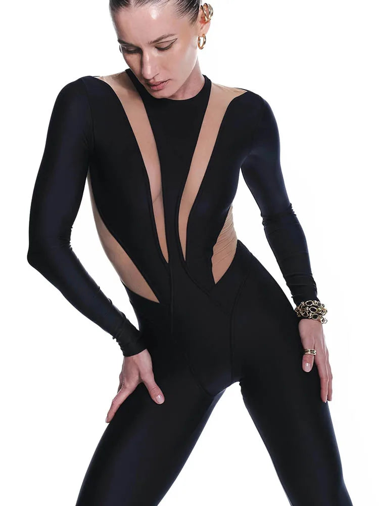 Huhugirl Sexy Mesh Patchwork Rompers Women Jumpsuits Fashion O Neck Long Sleeve Skinny Black Jumpsuits Female One Piece Overalls