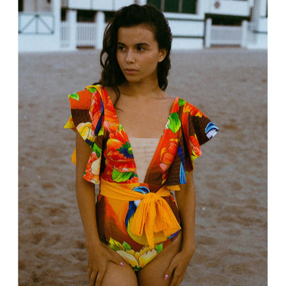 2025 New Sexy V-Neck One Piece Swimsuit Belt Swimwear Women Ruffle Monokini Push Up Swim Suit Colorful Bathing Suit Female Beach