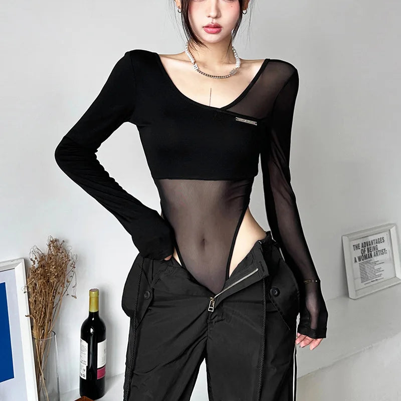 Black See Through Bodysuit Lingerie Sexy Long Sleeve Lenceria Femenina V-Neck One-Pieces Body Feminino Backless Tops For Women