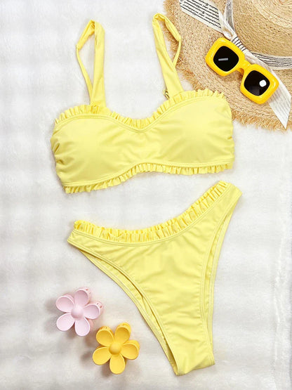 Vigoashely 2025 Sexy Ruffle Bikini Set Strapped Push UP Swimsuit High Cut Verge Swimwear Women Backless Yellow Bathing Suit