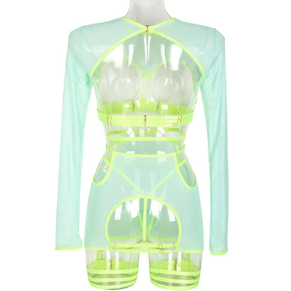 Diccvicc Long Sleeve Lingerie Sexy Sheer Mesh Porn Top Crotchless Skirt Naked Bandage Women Underwear Uncensored Erotic Costume