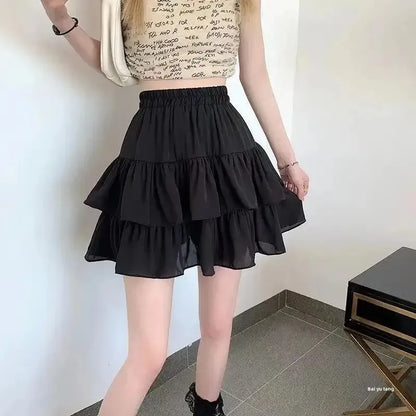 Pleated A-line Skirt White Women Ruffles Sweet Hottie Preppy Style Elastic Elastic Waist Slim Thin SimpleCasual Summer Wholesale