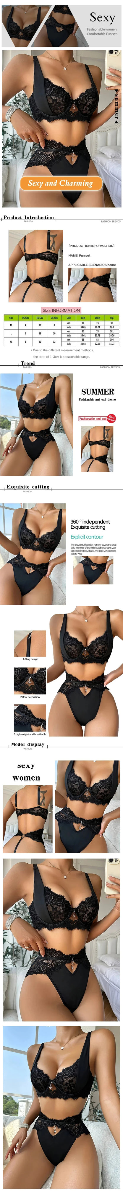 Women's Sexy Lace Lingerie Set with Black Lace Patchwork and Pendant Decoration for Women Sexy Bra Set