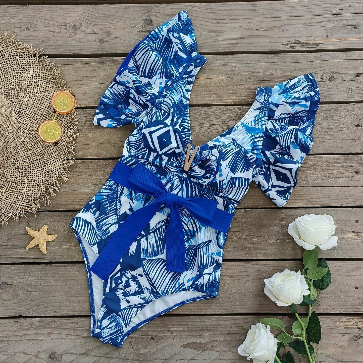 2025 New Sexy V-Neck One Piece Swimsuit Belt Swimwear Women Ruffle Monokini Push Up Swim Suit Colorful Bathing Suit Female Beach
