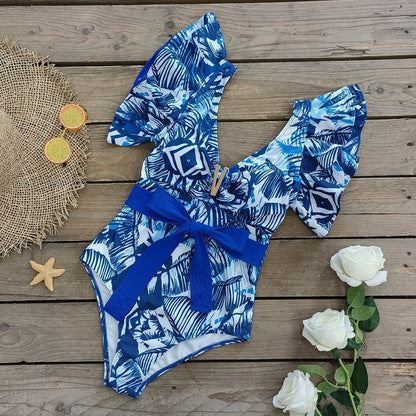 2025 New Sexy V-Neck One Piece Swimsuit Belt Swimwear Women Ruffle Monokini Push Up Swim Suit Colorful Bathing Suit Female Beach