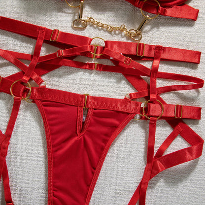 Fancy Metal Chain Sexy Lingerie 5Pcs Sets Luxury Hollow Out Bras And Panties Garters Underweat Suit Sensual Erotic Intimate Set