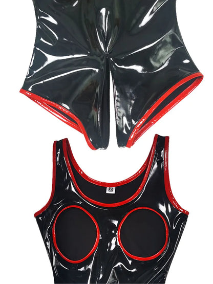 S-5XL Sleeveless Wet Look PVC Catsuit Shiny PU Leather Zipper Open Crotch Bodysuit Hollow Out Swimsuit Tights Sexy Body Teddies