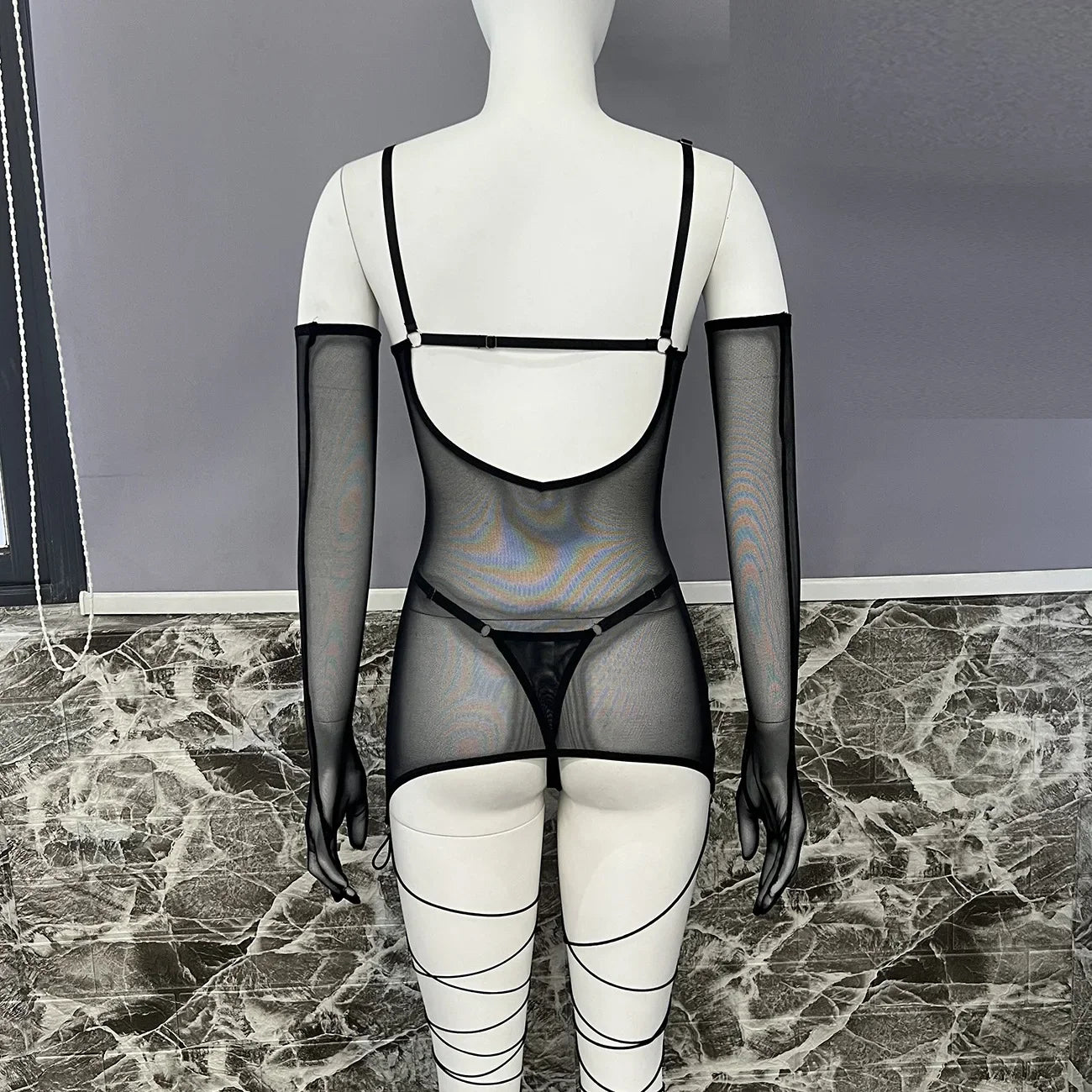 Yimunancy Sheer Mesh Lingerie Set Women 4-Piece Backless Sexy Dress Sexy Erotic Solid Brief Underwer Set Nightwear