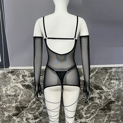 Yimunancy Sheer Mesh Lingerie Set Women 4-Piece Backless Sexy Dress Sexy Erotic Solid Brief Underwer Set Nightwear