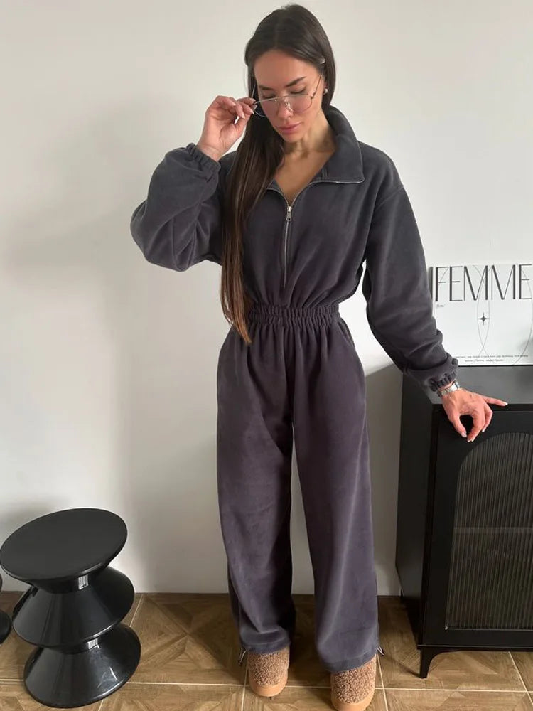Zekye Woman Clothing New Fashion Long-sleeved Jumpsuit Women's Casual Semi-open Elastic Waist Jumpsuit Elegant Woman Jumpsuit