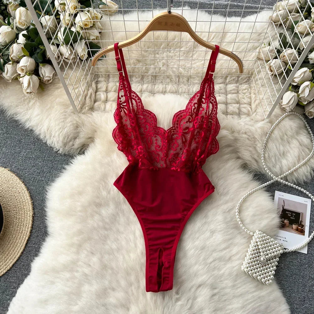 Sexy Lace Gauze Patchwork Strap Bodysuit Hollow Sleeveless Slim backless Women Erotic Lingerie Hotsweet Bow Night Maid Cosplay