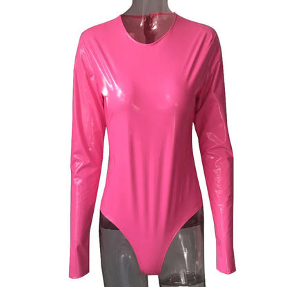Wet Look PVC Catsuit Shiny PU Leather Long Sleeve Bodysuit Swimsuit Tights Body Teddies Sexy Clubwear Leotard Unitard Shirt Tops